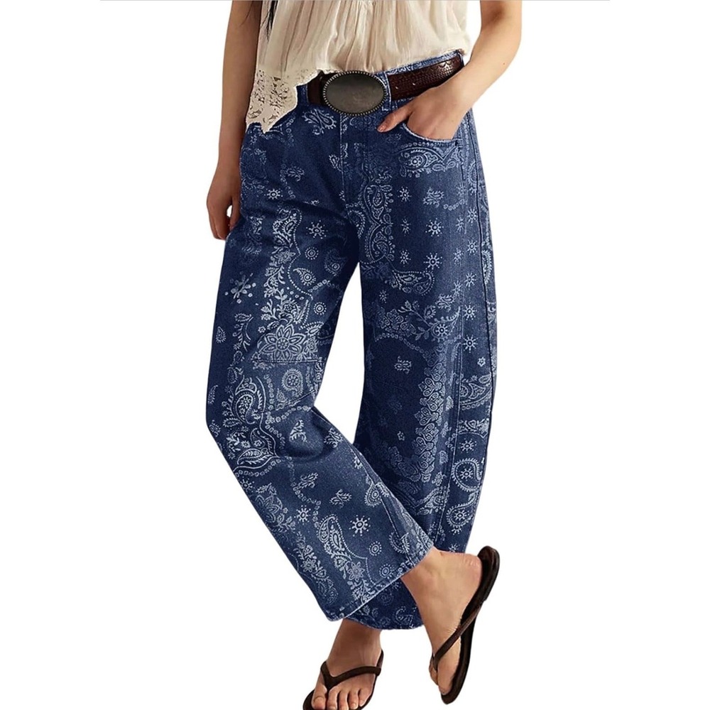 Loveimgs Dark Blue Paisley Print Barrel Leg Jeans High Rise Relaxed Medium